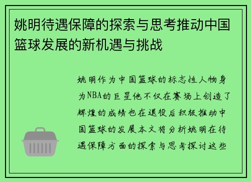 姚明待遇保障的探索与思考推动中国篮球发展的新机遇与挑战